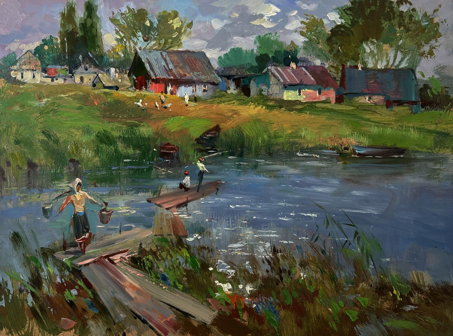 Vibrant impressionistic oil painting Life by the village river by Yuriy Suprunchuk