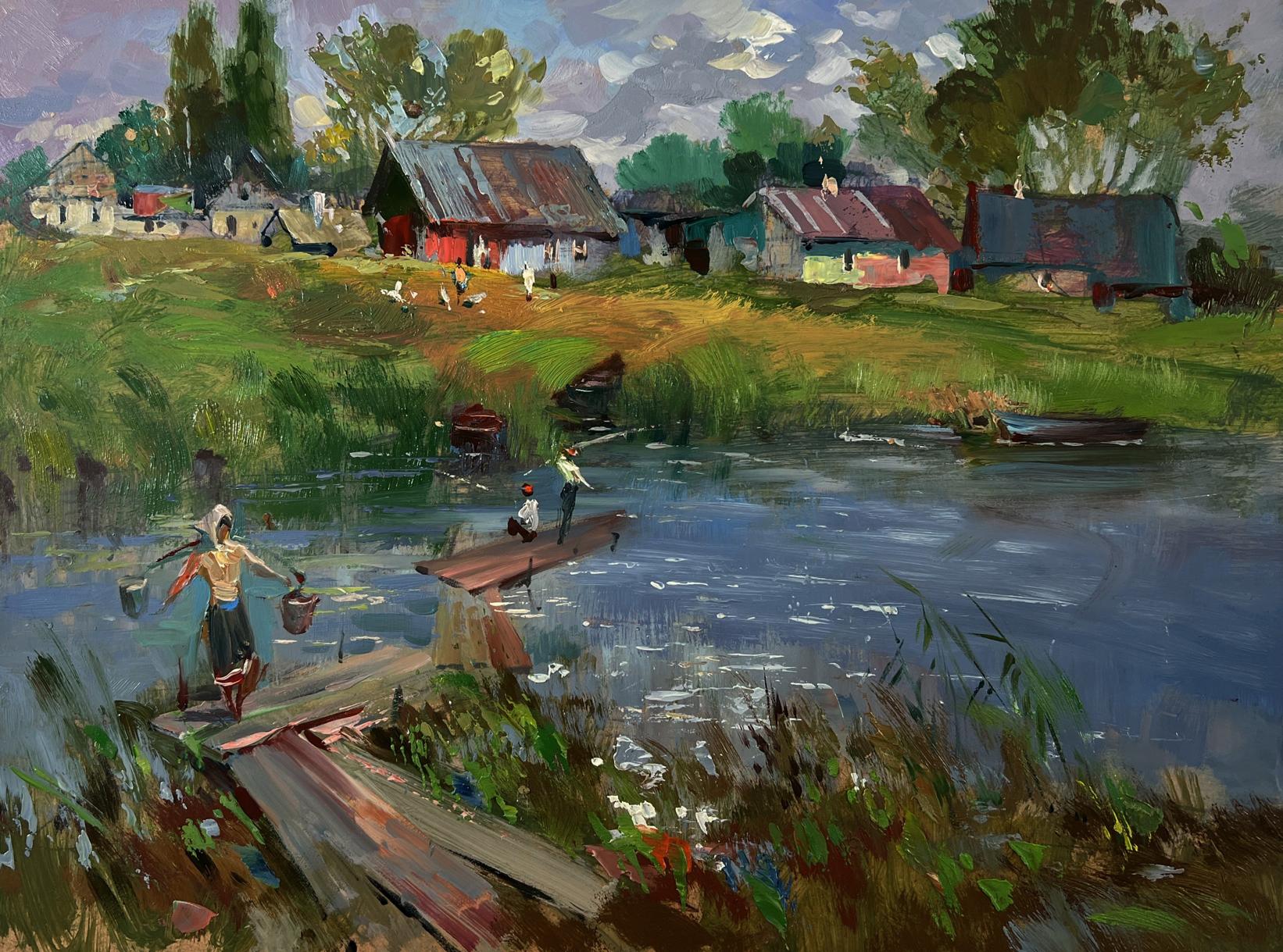Vibrant impressionistic oil painting Life by the village river by Yuriy Suprunchuk