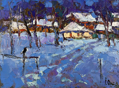 Vibrant impressionist oil painting of snowy village in moonlight by Oksana Ivanyuk