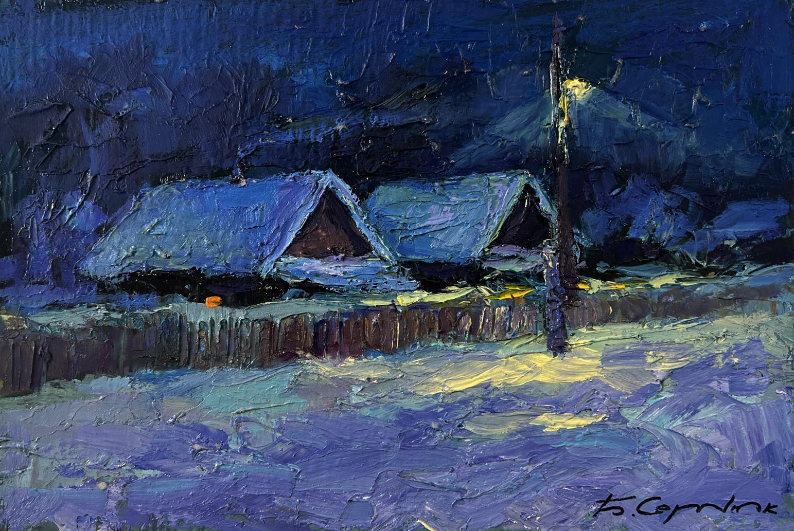 Impressionistic oil painting by Boris Serdyuk: blue snowy rooftops under yellow streetlamp