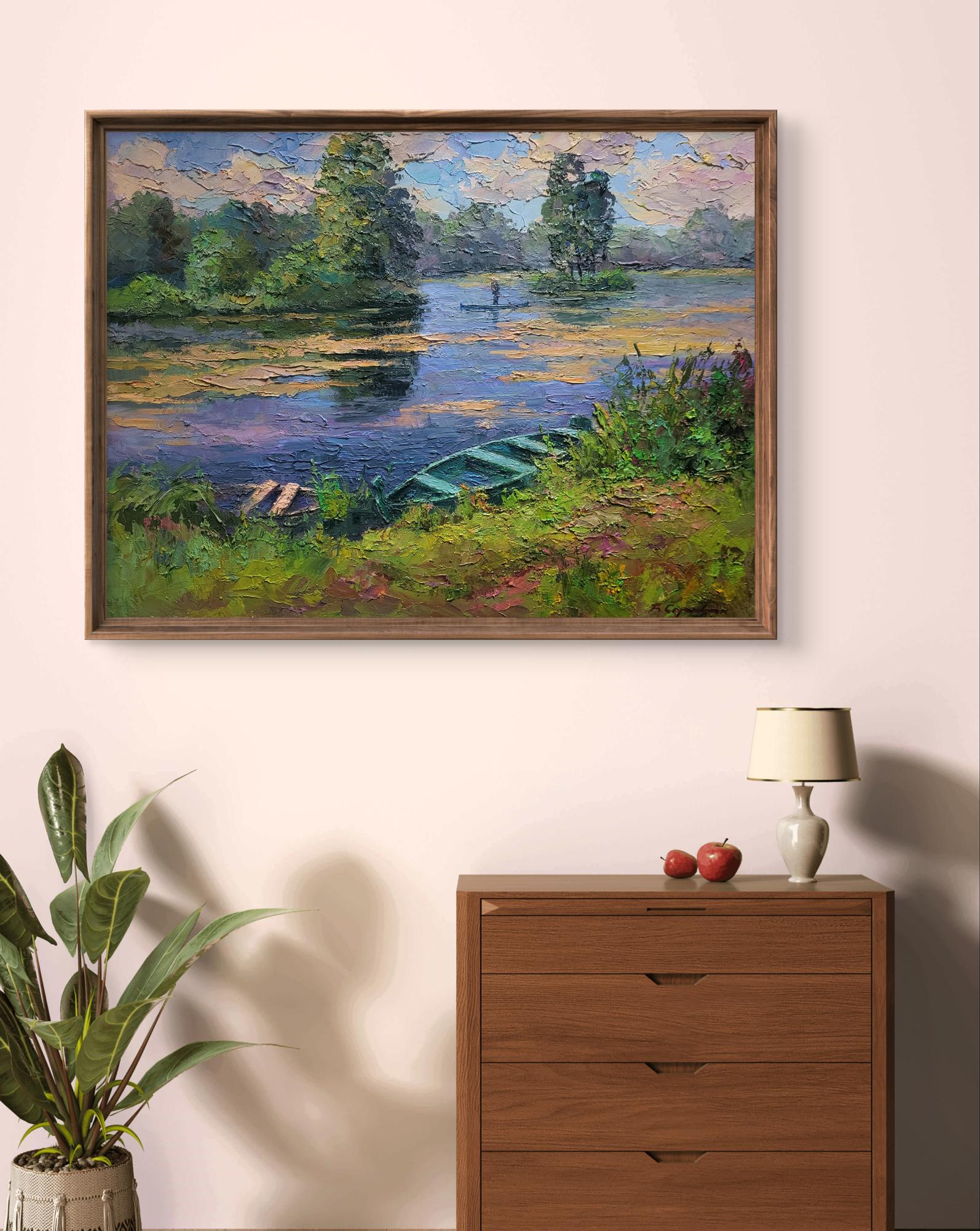 Framed impressionist oil painting Boat on the Pond by Boris Serdyuk
