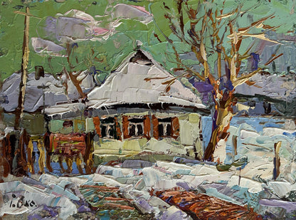 Oil painting Saturday winter day by Oksana Ivanyuk: snow-covered house in green sky