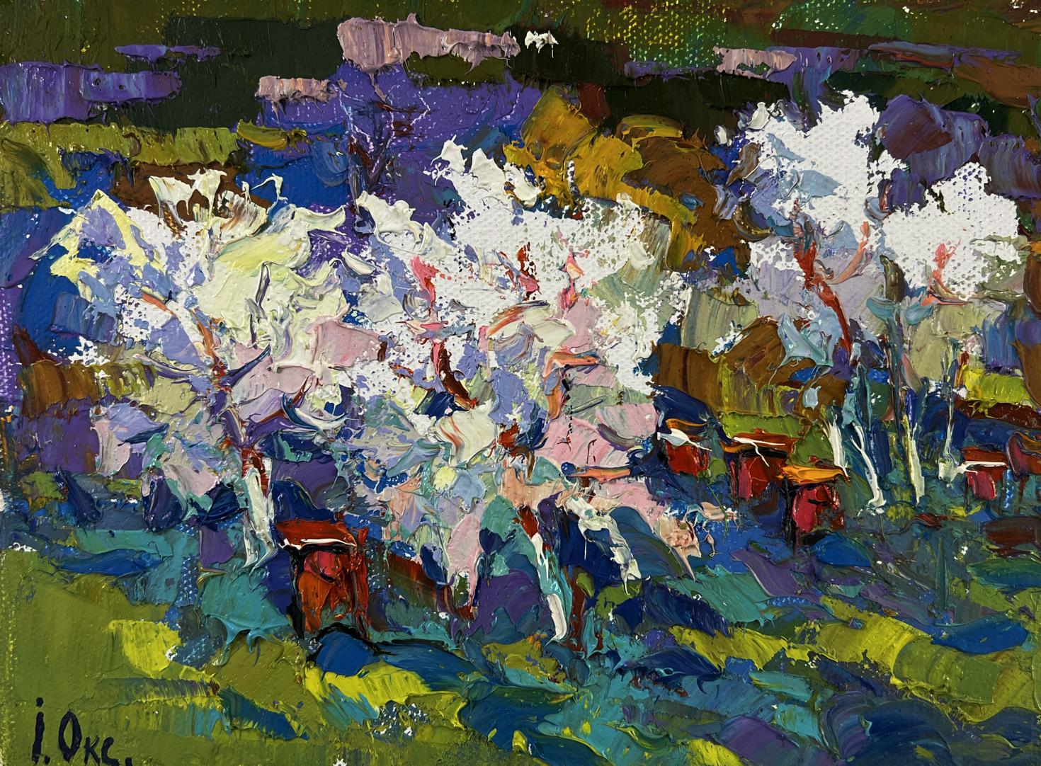Vibrant spring nature oil painting by Oksana Ivanyuk in white purple blue green