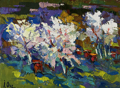 Vibrant spring nature oil painting by Oksana Ivanyuk in white purple blue green