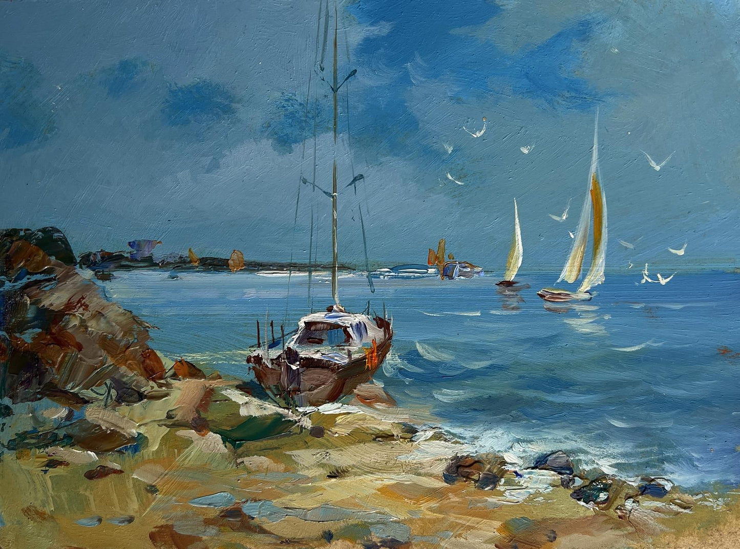 Oil painting by Yuriy Suprunchuk: weathered sailboat on rocky shore preparing for sea voyage
