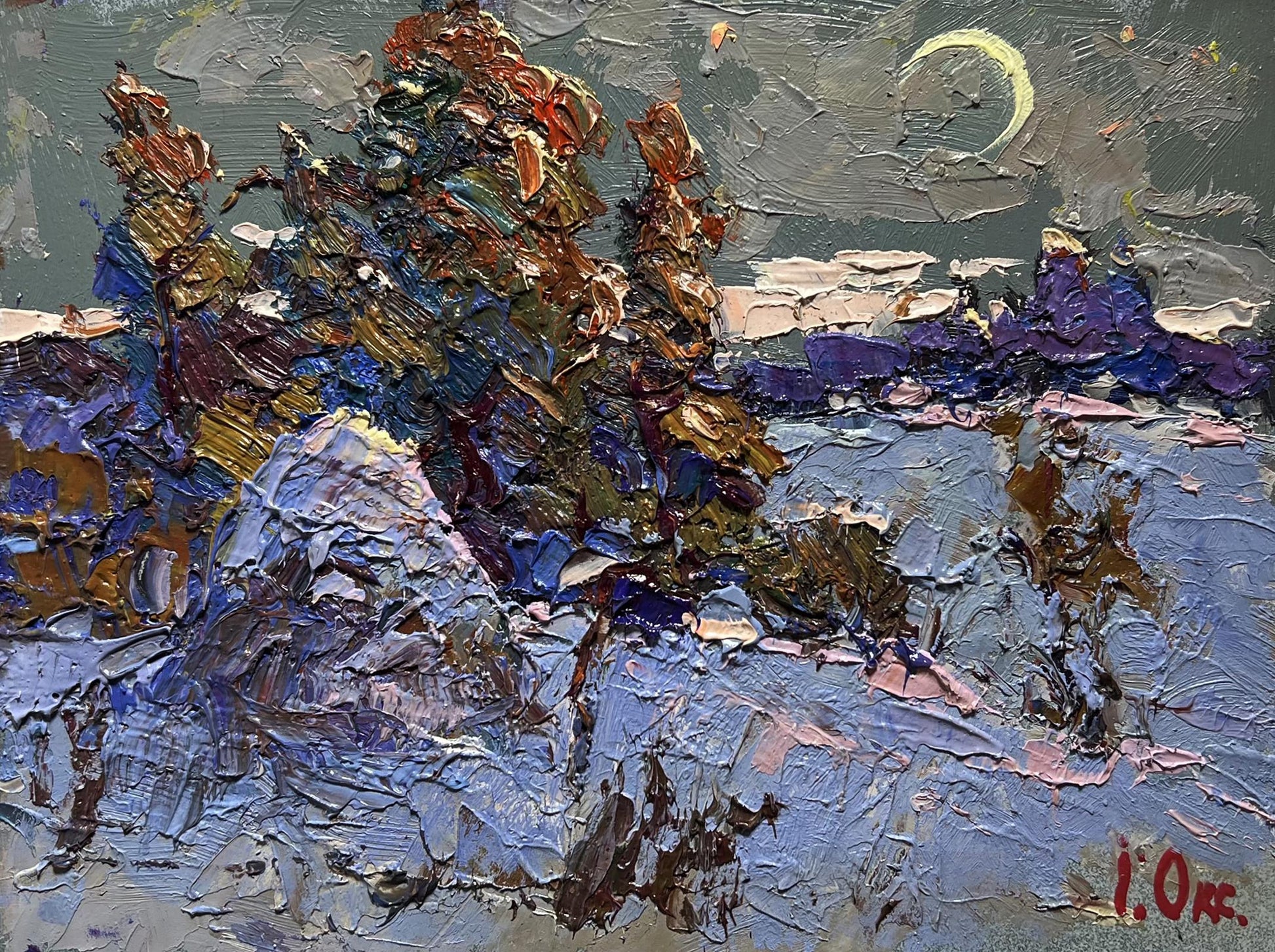 Textured impressionist snowy landscape oil painting by Oksana Ivanyuk under pale moon