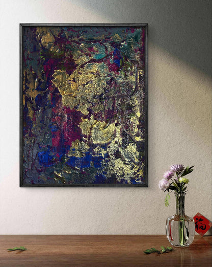 Acrylic painting Golden lilac by Olga Melezhik in gold purple blue hues