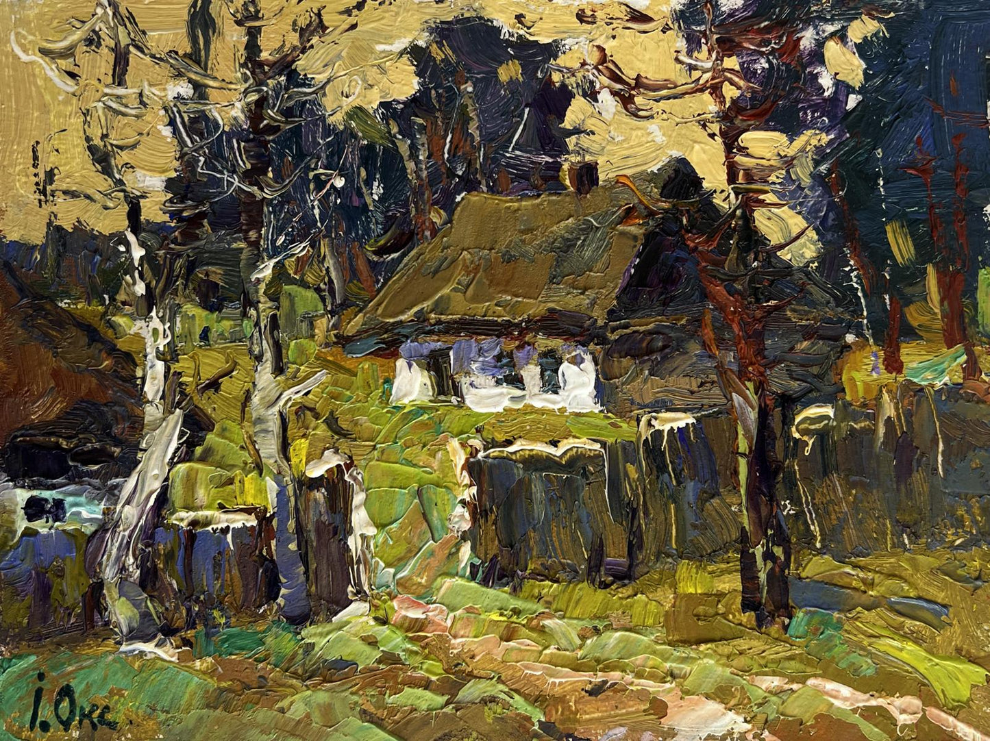 Oil painting of Oksana Ivanyuk’s rustic thatched cottage near forest in autumn