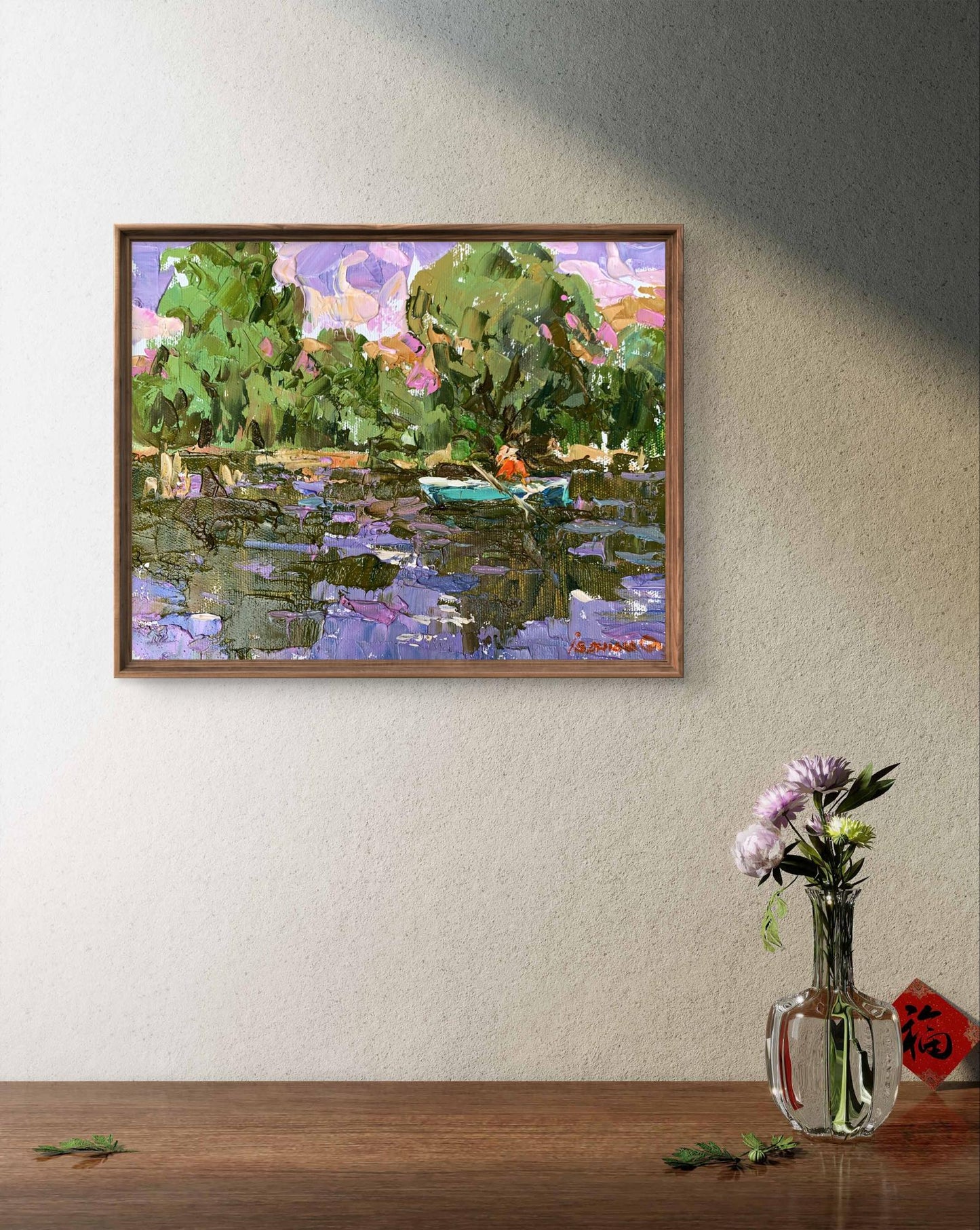 Framed Oil painting Summer fishing by Oleksiy Ivanyuk lakeside scene