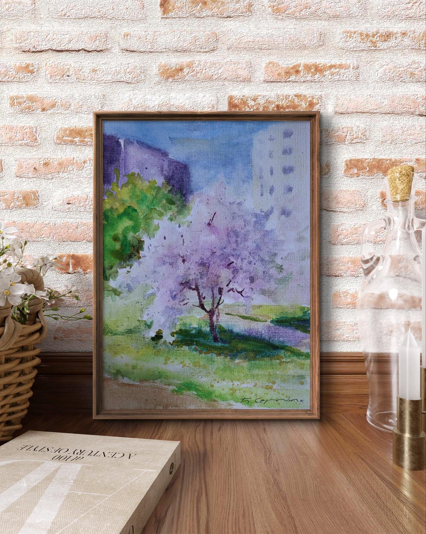 Framed watercolor Gentle April by Boris Serdyuk, purple blossoming tree