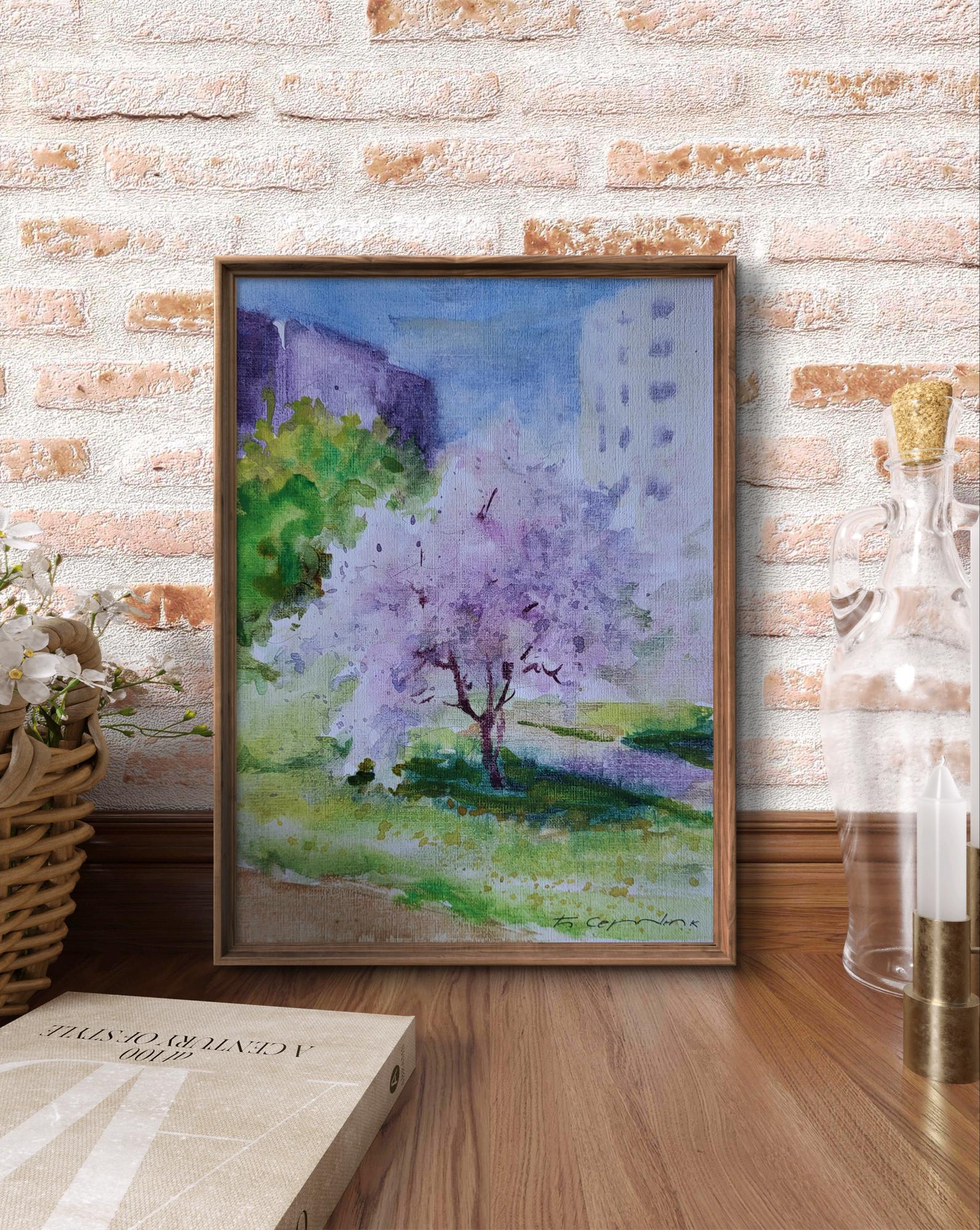 Framed watercolor Gentle April by Boris Serdyuk, purple blossoming tree