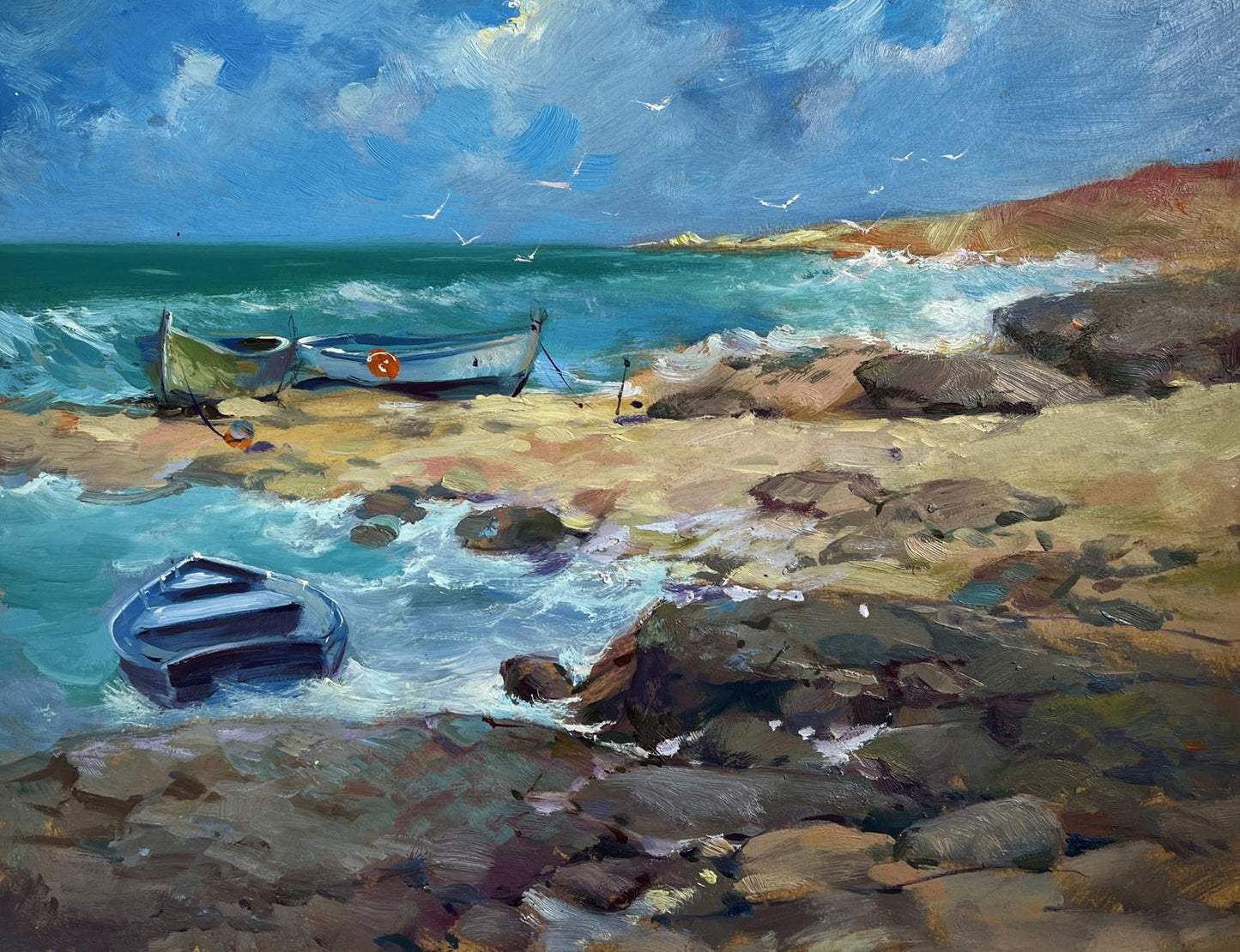 Oil painting Freedom over the Sea by Yuriy Suprunchuk: blue boat on rocky shore with white waves