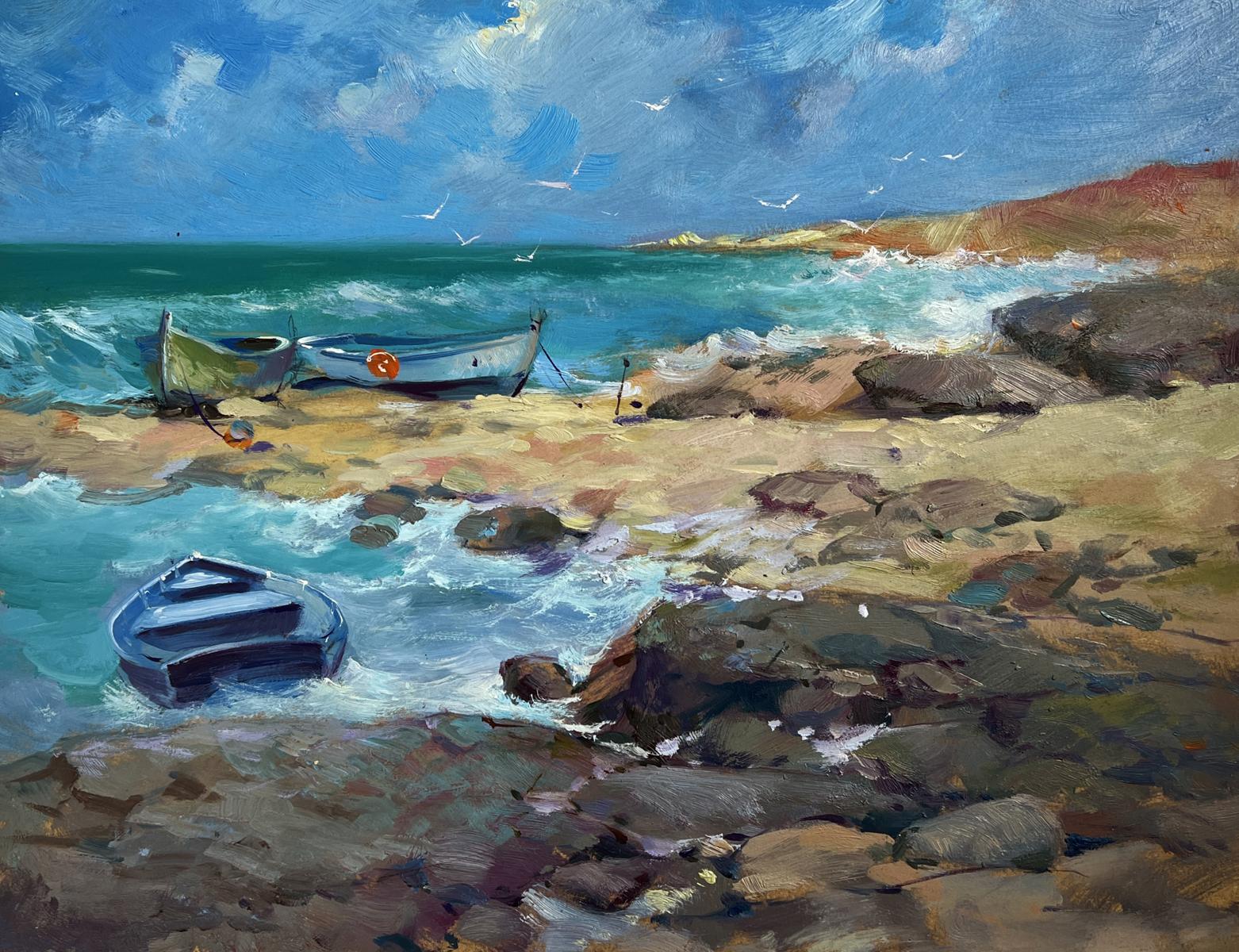 Oil painting Freedom over the Sea by Yuriy Suprunchuk: blue boat on rocky shore with white waves