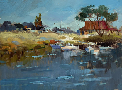 Vibrant impressionist oil painting of sailboats on lakeside shore by Yuriy Suprunchuk