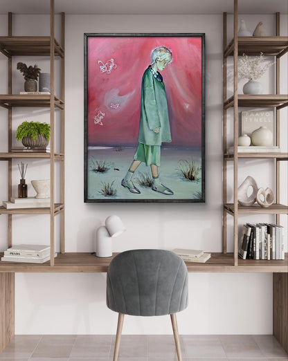Framed oil painting of figure in teal coat by Igor Konovalov