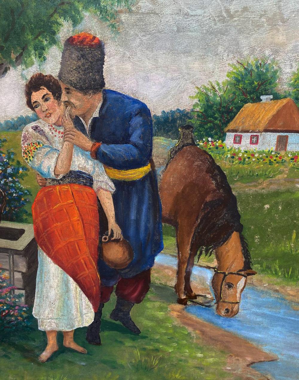 Rustic oil painting Days at the Well: man and woman by horse at stream