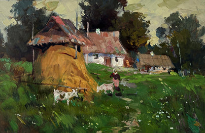 Oil painting of rustic thatched farmhouse by Yuriy Suprunchuk