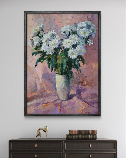 Oil painting of Chrysanthemum on pink by Boris Serdyuk in dark frame