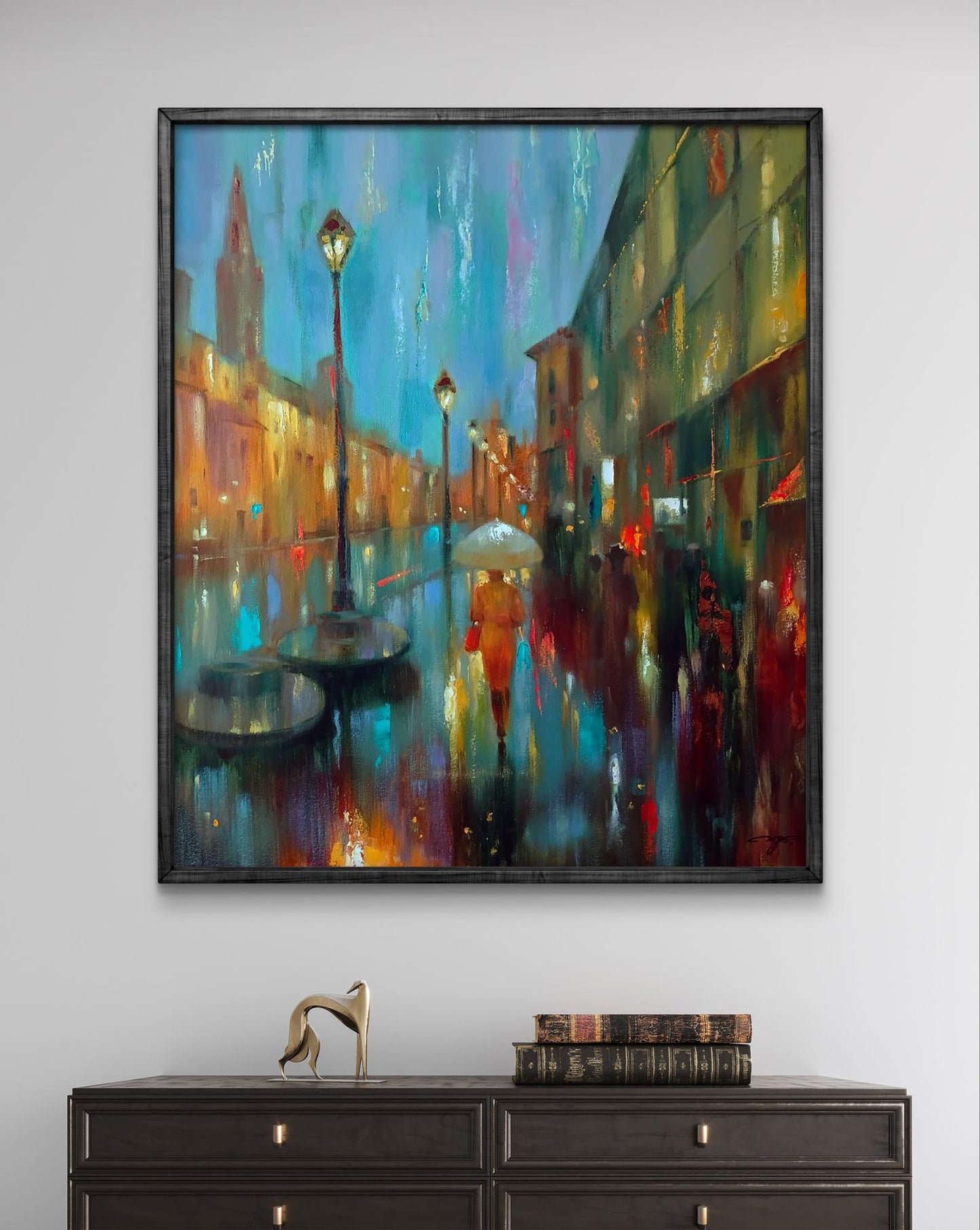 Abstract oil painting of rainy evening city street by Anatoly Tarabanov