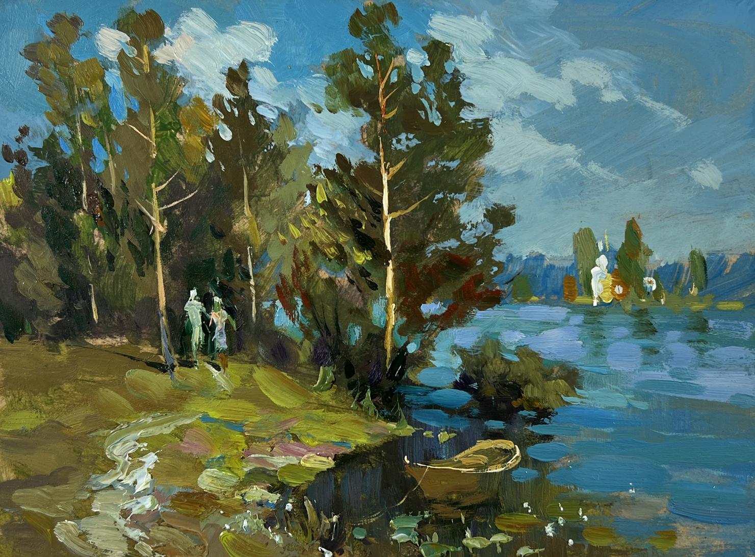 Oil painting Together in Nature by Yuriy Suprunchuk: rustic rowboat on water amid trees