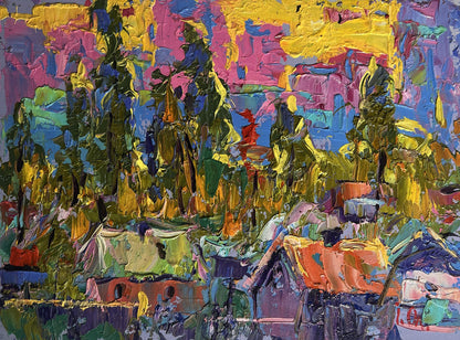 Vibrant impressionist oil painting of sunset yellow rays by Oleksiy Ivanyuk