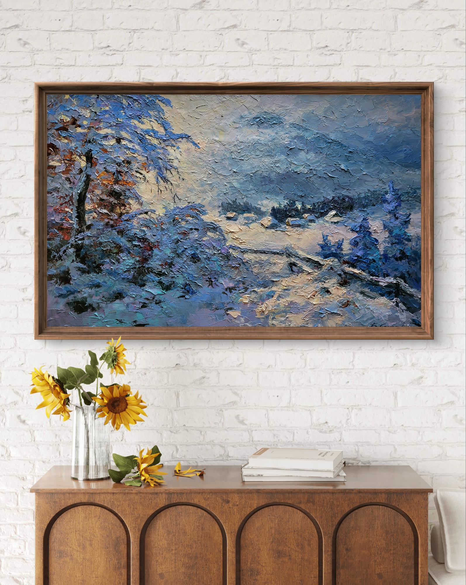 Oil painting In the winter mountains by Boris Serdyuk in wooden frame