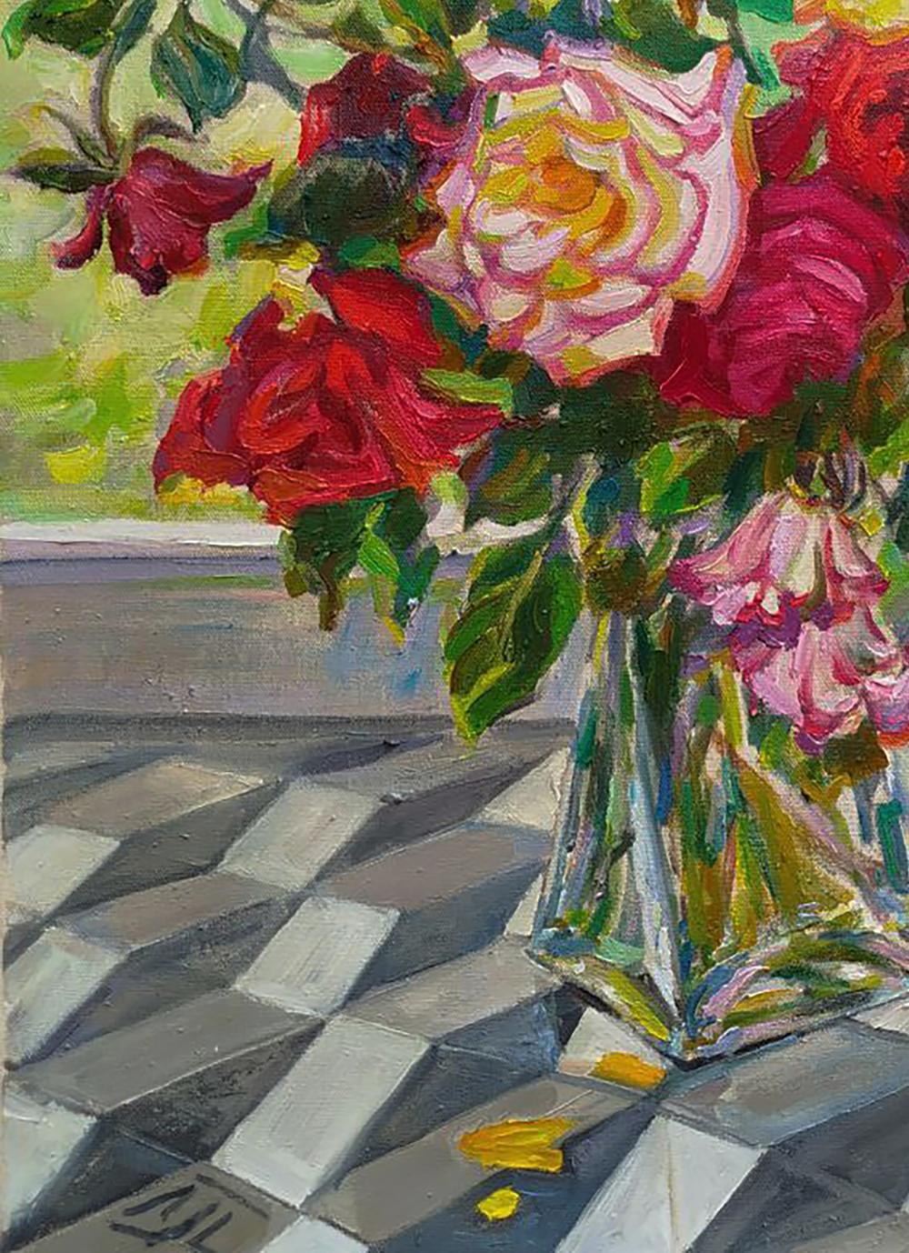Oil painting of vibrant red pink yellow roses bouquet by Leonid Pavlenko