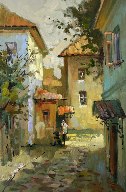 Oil painting Fresh air from the streets by Yuriy Suprunchuk, cobblestone alley