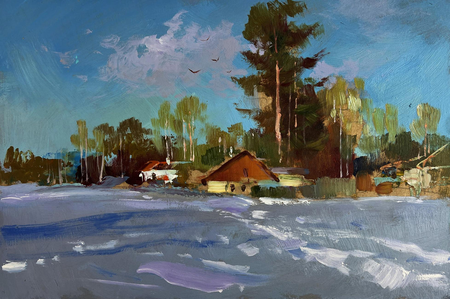 Oil painting of rustic winter cabin in village by Yuriy Suprunchuk