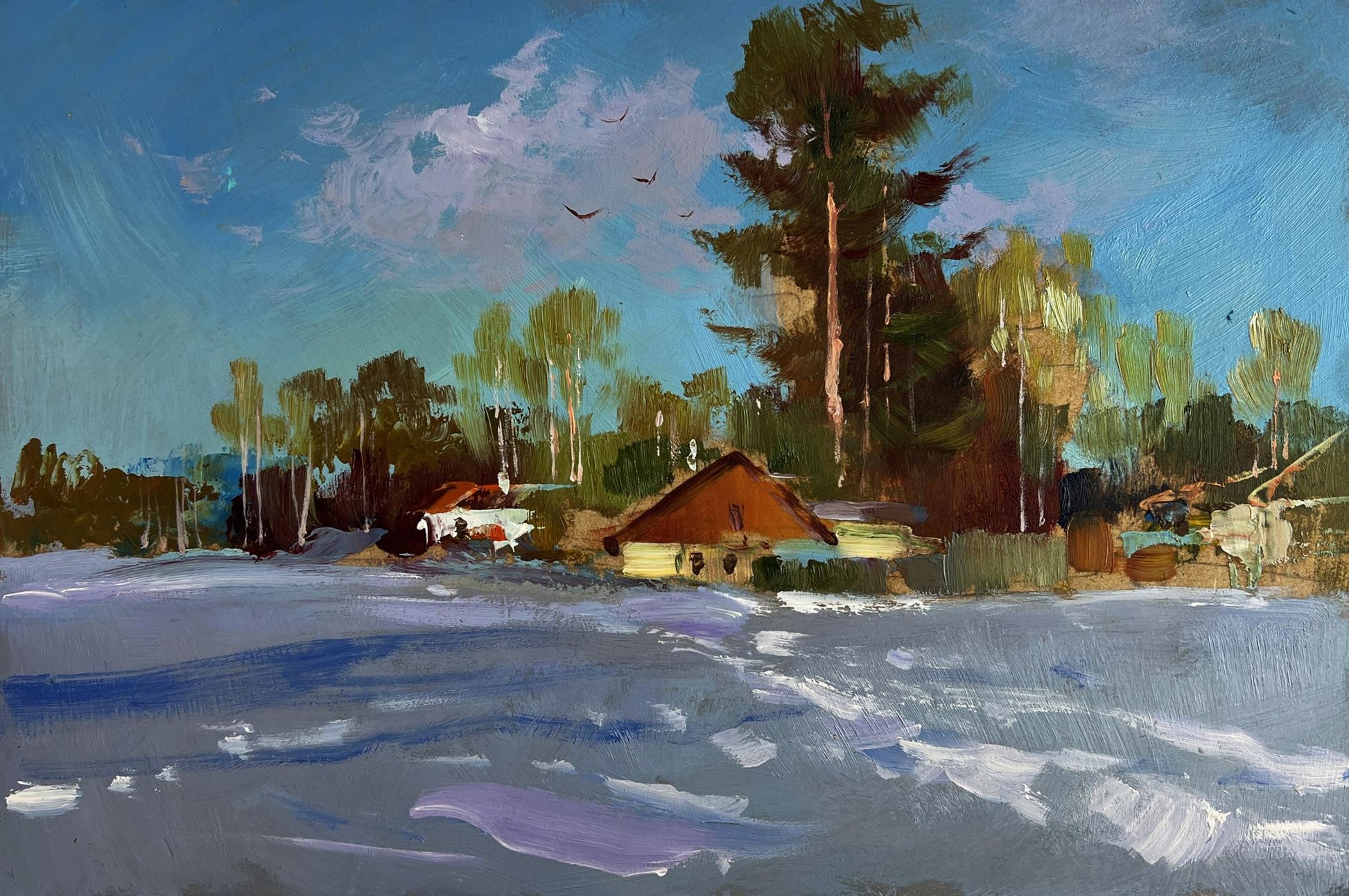Oil painting of rustic winter cabin in village by Yuriy Suprunchuk