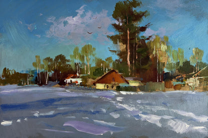 Oil painting of rustic winter cabin in village by Yuriy Suprunchuk