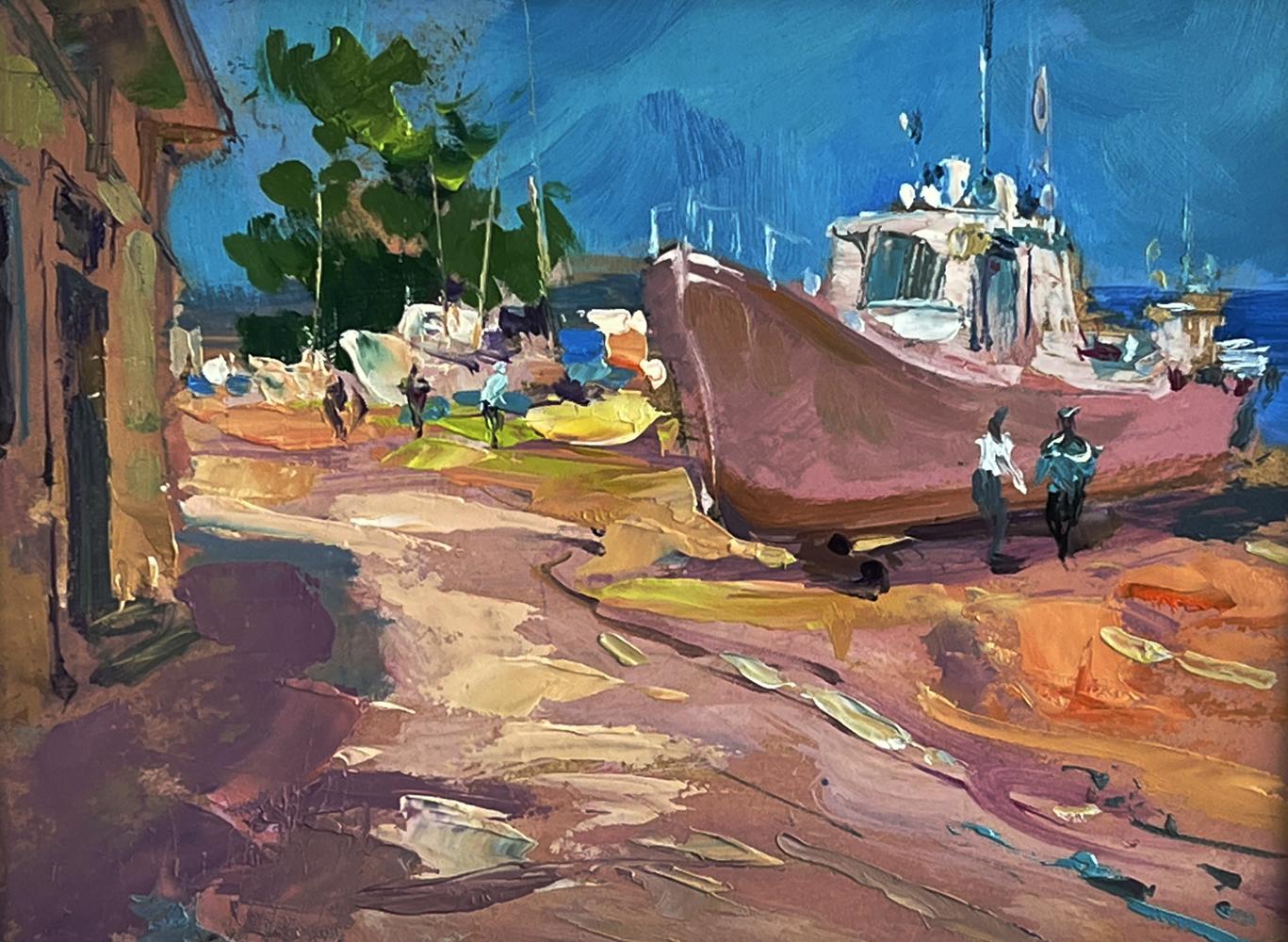 Impressionistic oil painting of reddish-pink fishing boat on sunlit shore by Yuriy Suprunchuk