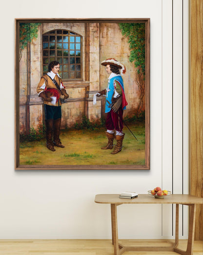 Oil painting Paris is not paved with handkerchiefs by Valeriy Bulat, 17th-century men conversing