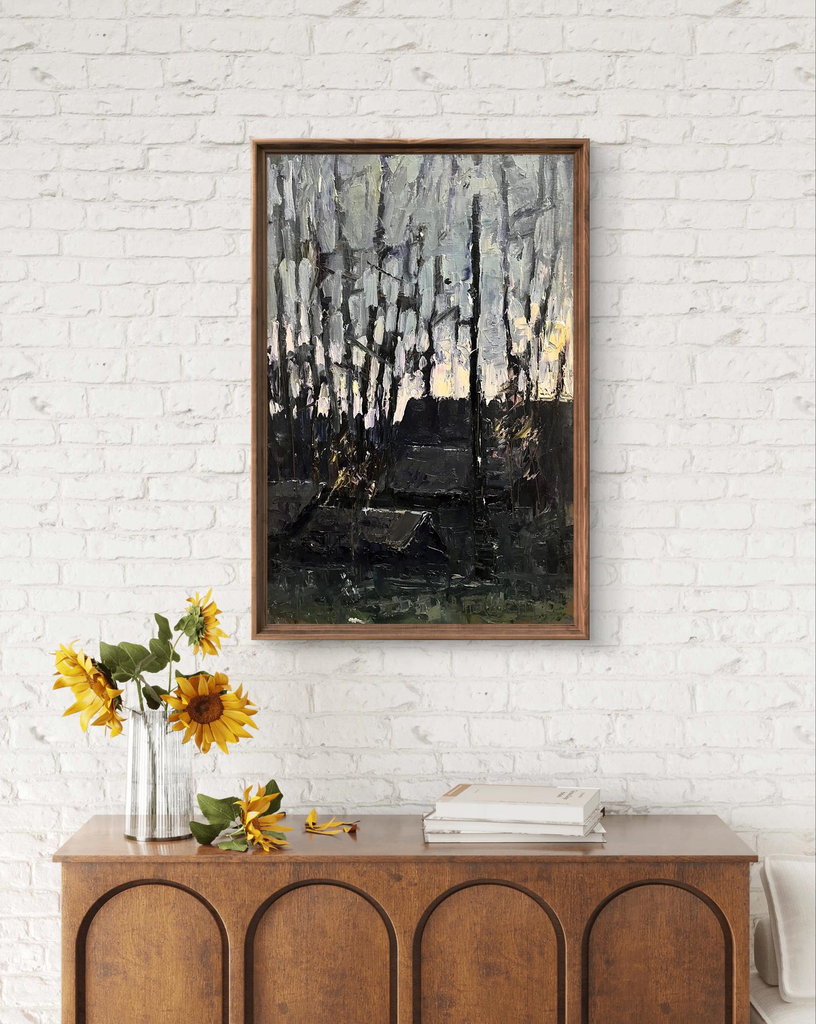 Framed Oil painting Cold evening with hot tea by Volodymyr Pashchenko