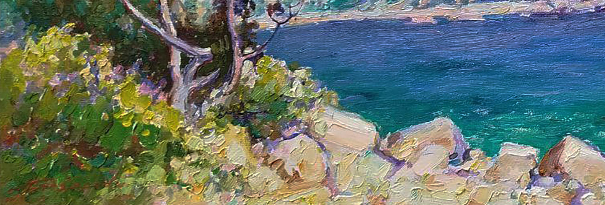 Oil painting by Leonid Pavlenko: vibrant green foliage on gnarled branches by turquoise sea