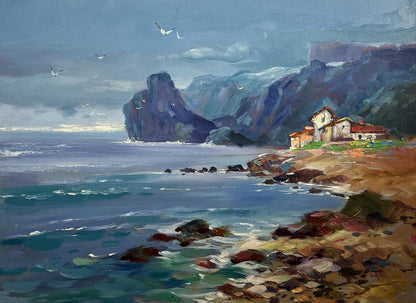 Oil painting Sea and village coziness by Yuriy Suprunchuk: coastal cliffs house waves
