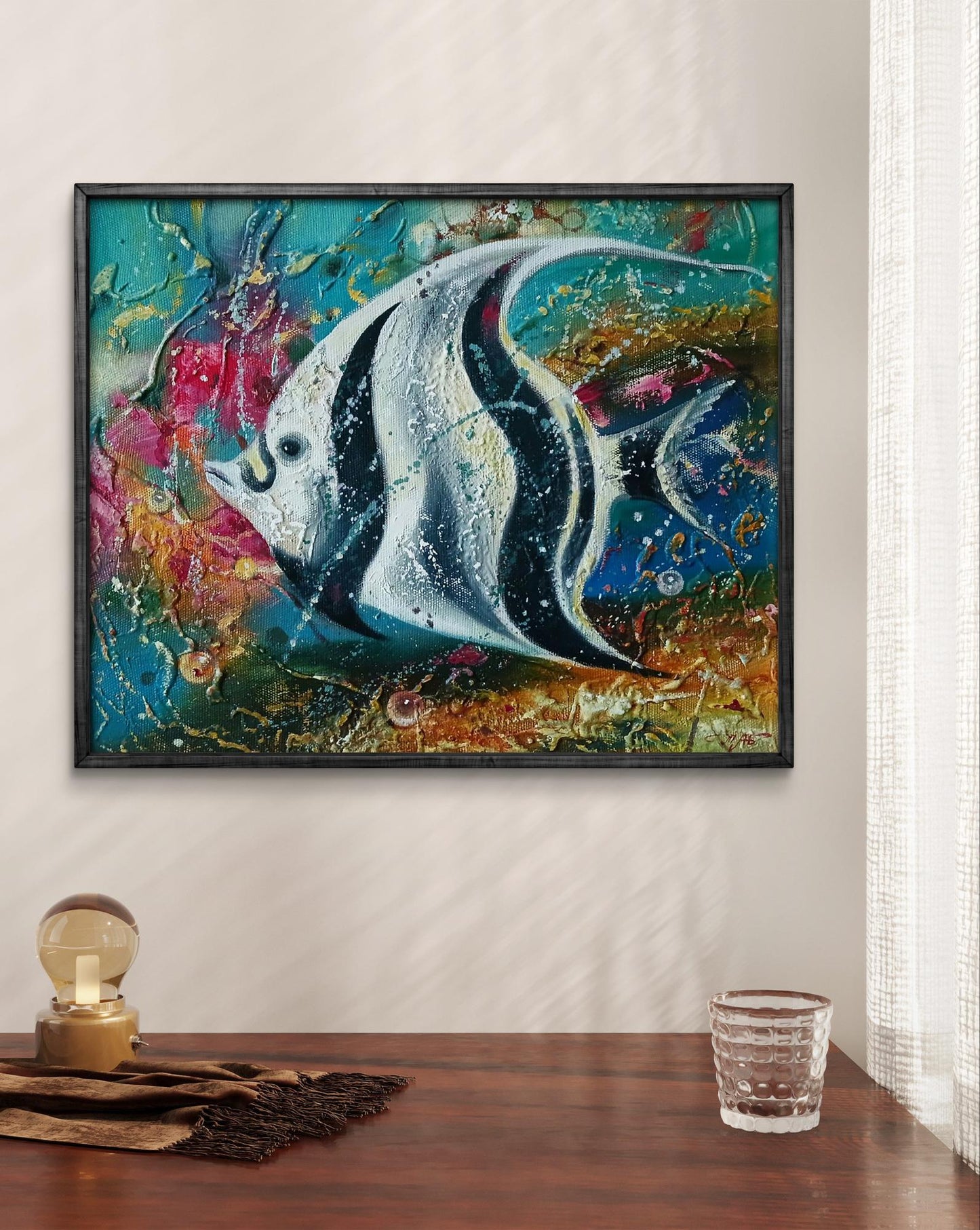 Vibrant abstract oil painting of big swimming angelfish by Anatoly Tarabanov in black frame