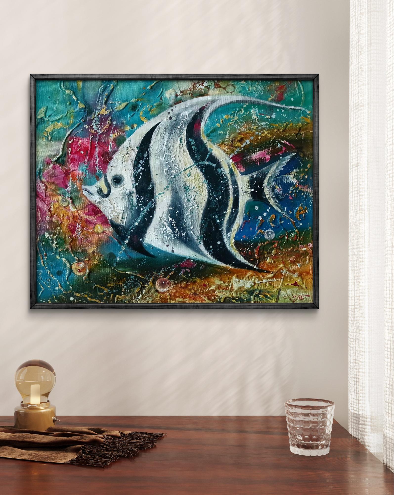 Vibrant abstract oil painting of big swimming angelfish by Anatoly Tarabanov in black frame