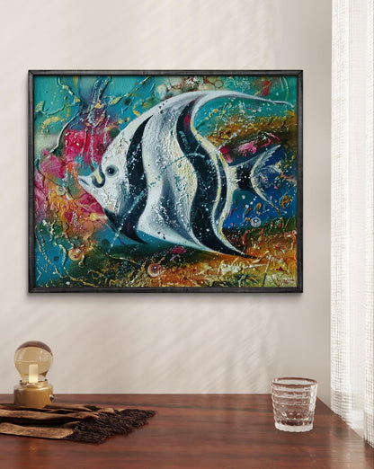 Vibrant abstract oil painting of big swimming angelfish by Anatoly Tarabanov in black frame