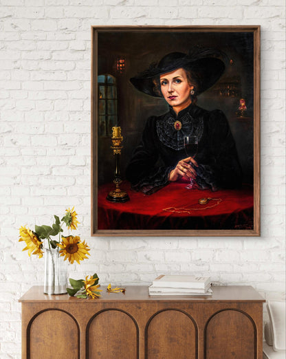 Framed oil painting Breathing in perfumes and mists by Valeriy Bulat, elegant woman in black hat