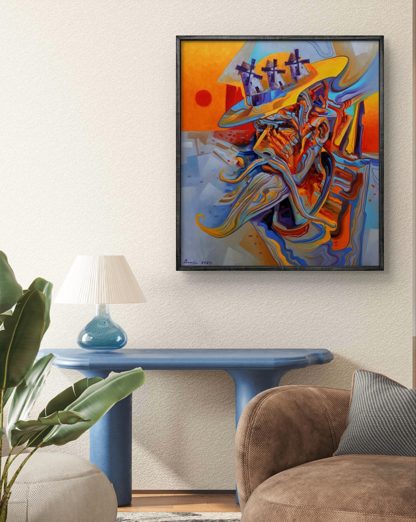 Oil painting Thoughts of Don Quixote by Sergiy Voichenko in black frame