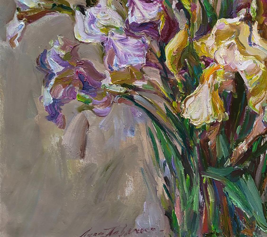 Vibrant impressionist oil painting of Leonid Pavlenko iris bouquet
