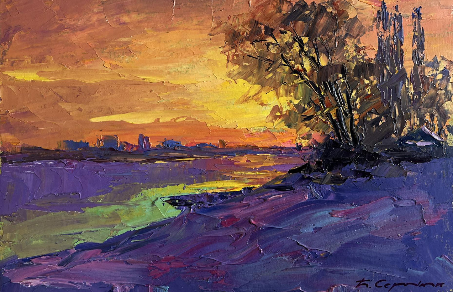 Oil painting The winter morning begins by Boris Serdyuk, vibrant impressionist sunset