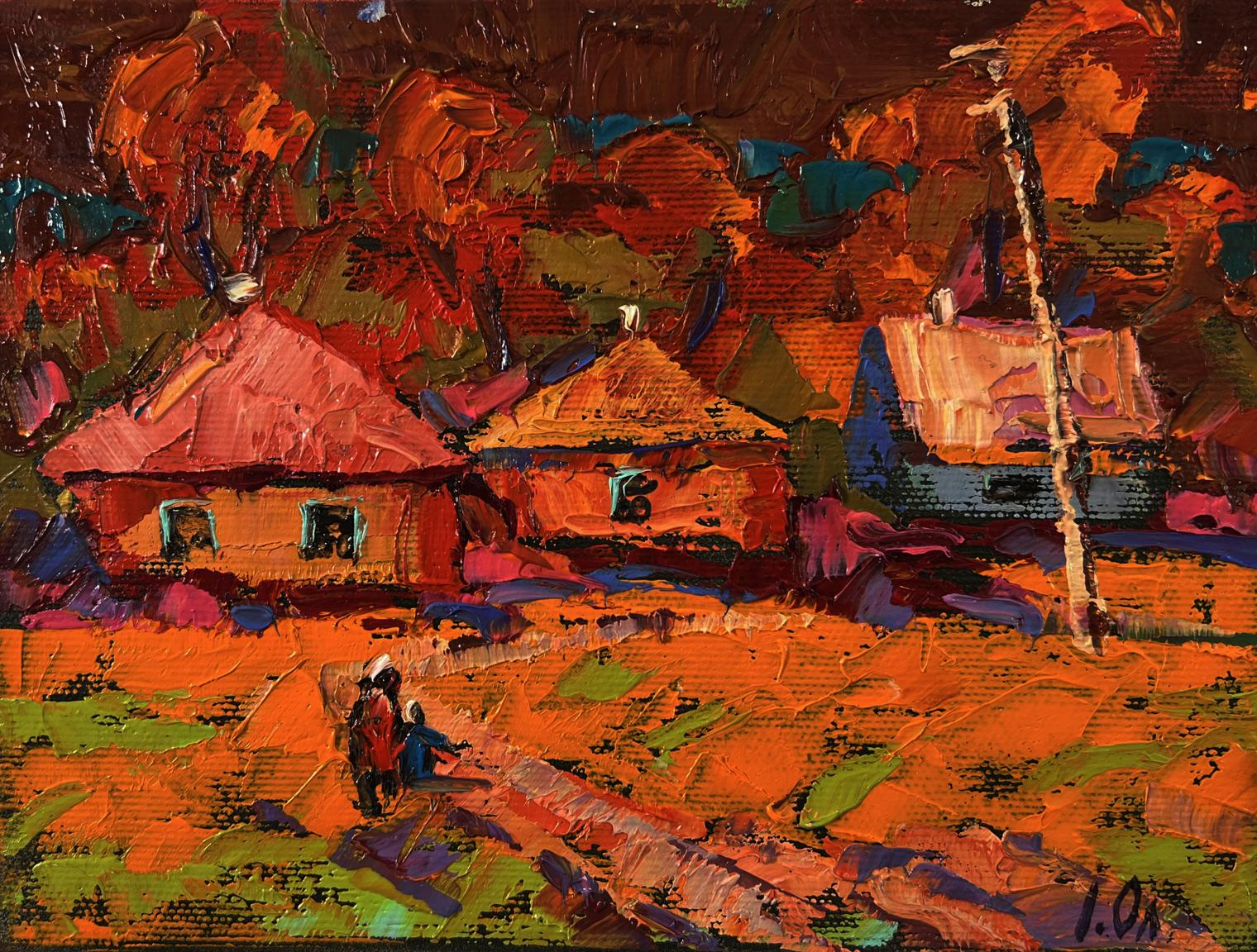 Vibrant impressionist oil painting of autumn village sunset by Oleksiy Ivanyuk
