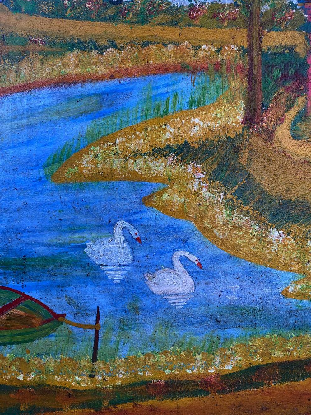 Oil painting of soldier returning from duty with serene swans on blue pond