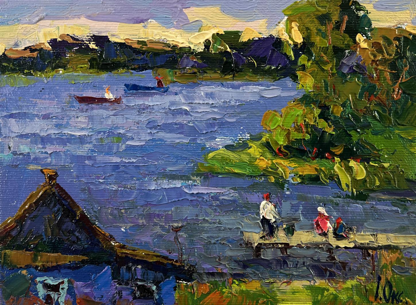 Vibrant impressionist oil painting Relaxing by the evening river by Oksana Ivanyuk