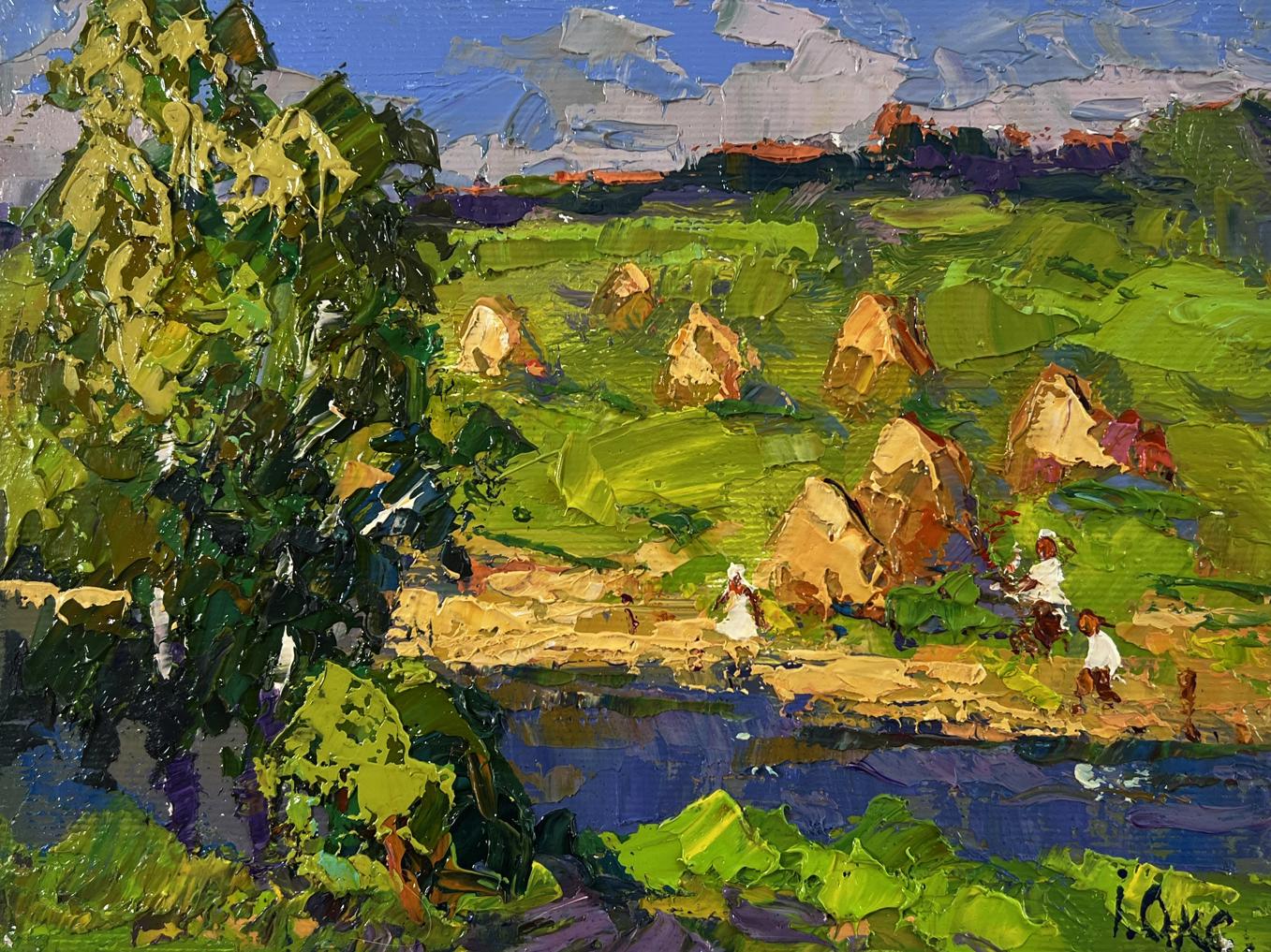 Vibrant impressionist oil painting Haystacks by the River by Oksana Ivanyuk