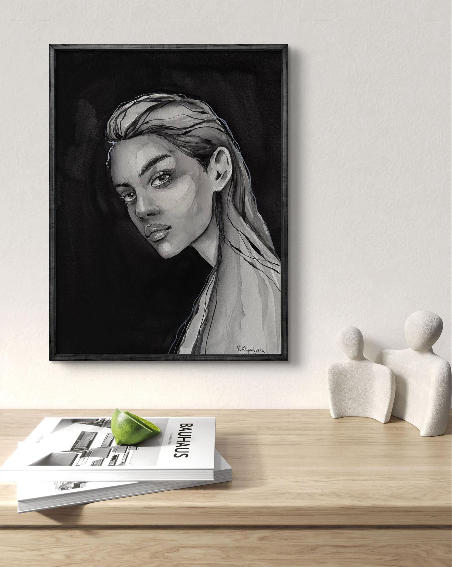 Black-framed grayscale portrait by Victoria Kagalovska watercolor painting