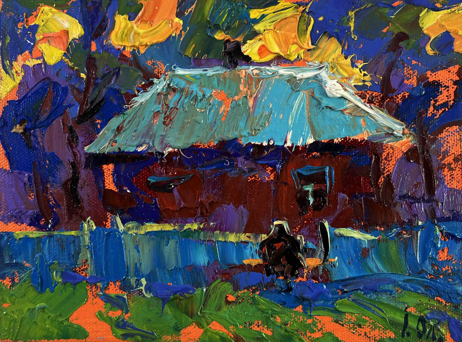 Vibrant impressionist oil painting of rustic cottage by Oleksiy Ivanyuk