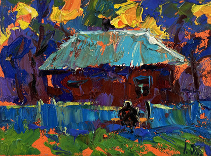 Vibrant impressionist oil painting of rustic cottage by Oleksiy Ivanyuk